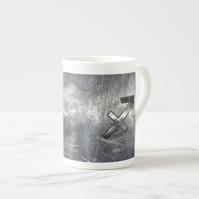 Sagittarius Zodiac Silver Distressed Steel look Prozellantasse (Vorderseite Rechts)