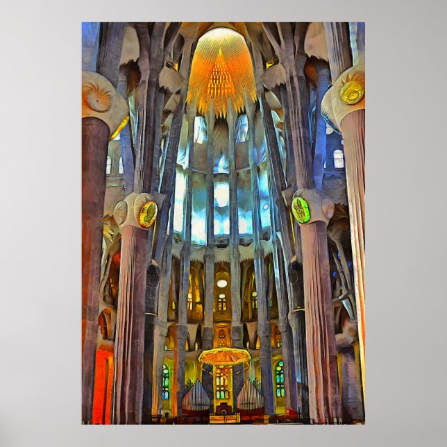Sagrada Familia. Blick drinnen bei Sonnenuntergang Poster (Vorne)