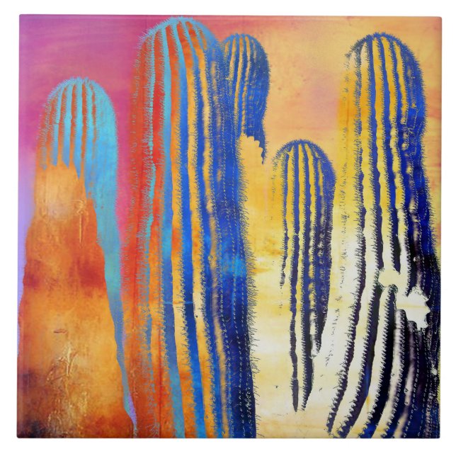 Saguaro Cactus Colorful Southwestern Wüste Fliese (Vorderseite)