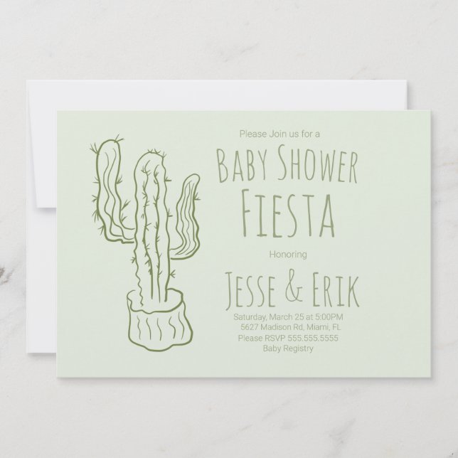 Saguaro Cactus Hand Drawn Green Baby Shower Einladung (Vorderseite)