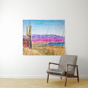 Saguaro Cactus Lila Mountians Blue Lake Arizona Wandteppich