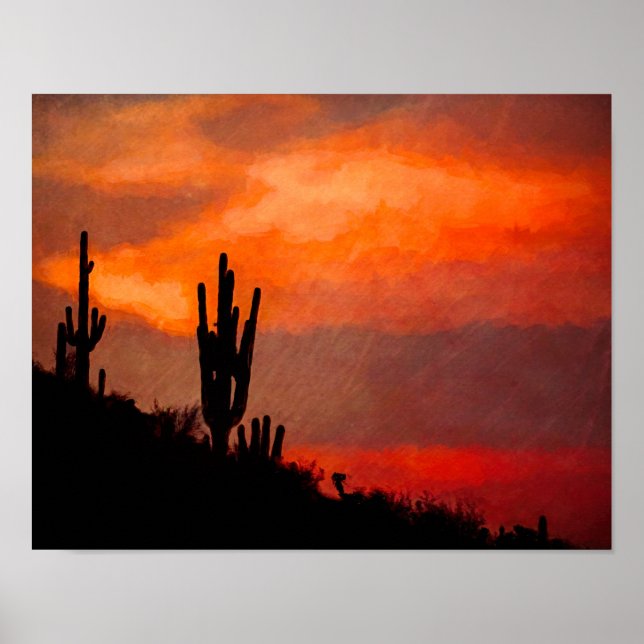 Saguaro Cactus Silhouette Arizona Red Sunset Poster (Vorne)