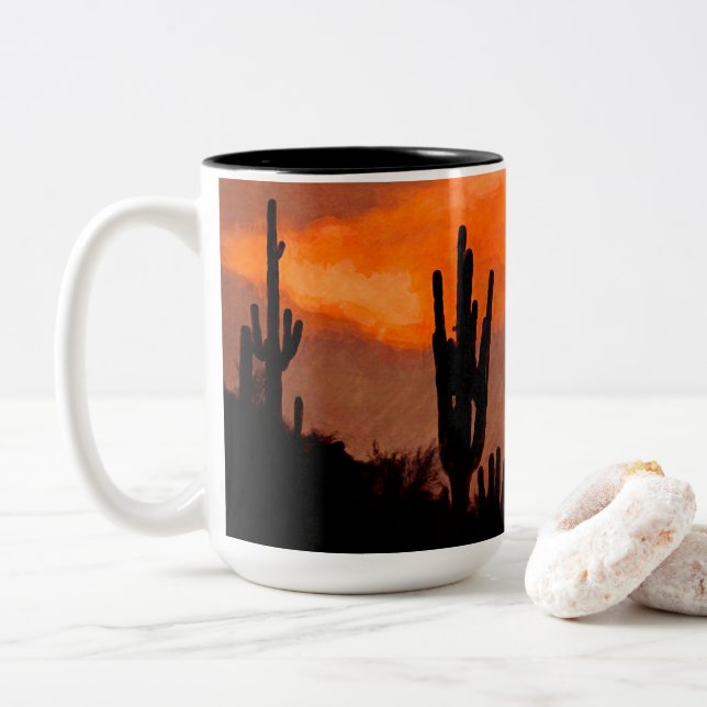Saguaro Cactus Silhouette Arizona Red Sunset Zweifarbige Tasse (Mit Donut)