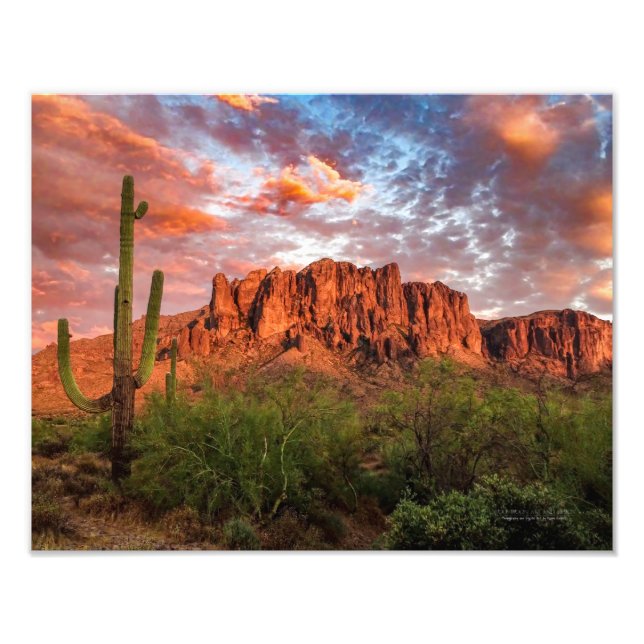 Saguaro Cactus Superstition Mountain Sonnenunterga Fotodruck (Vorne)