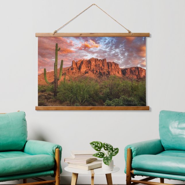 Saguaro Cactus Superstition Mountain Sonnenunterga Wandteppich Mit Holzrahmen (Wohnzimmer)