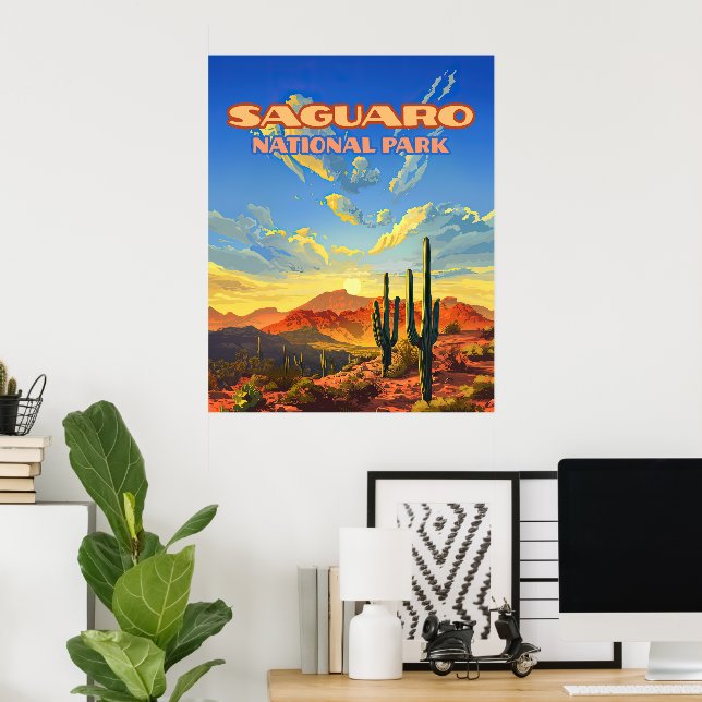 Saguaro Nationalpark Arizona Wüste Kaktus Retro Poster (Heimbüro)