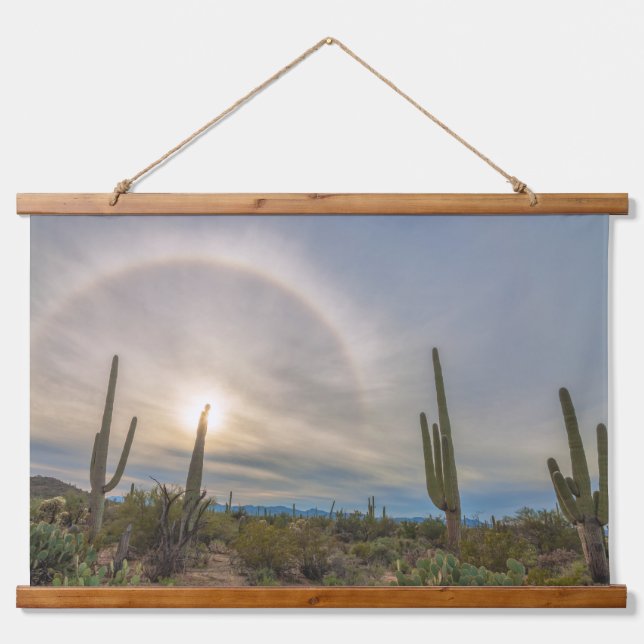 Saguaro Nationalpark mit Sun Halo Wandteppich Mit Holzrahmen (Vorne)