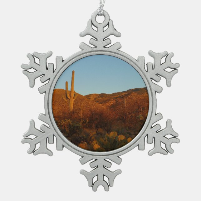 Saguaro Sunset I Arizona Wüste Landschaft Schneeflocken Zinn-Ornament (Vorderseite)
