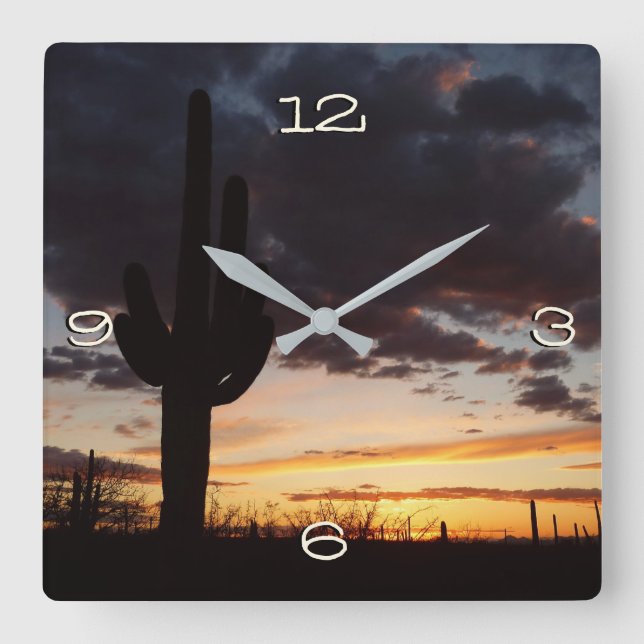Saguaro Sunset III Arizona Wüste Landschaft Quadratische Wanduhr (Vorderseite)