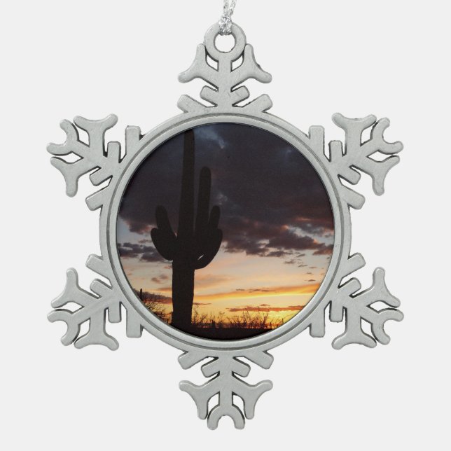 Saguaro Sunset III Arizona Wüste Landschaft Schneeflocken Zinn-Ornament (Vorderseite)