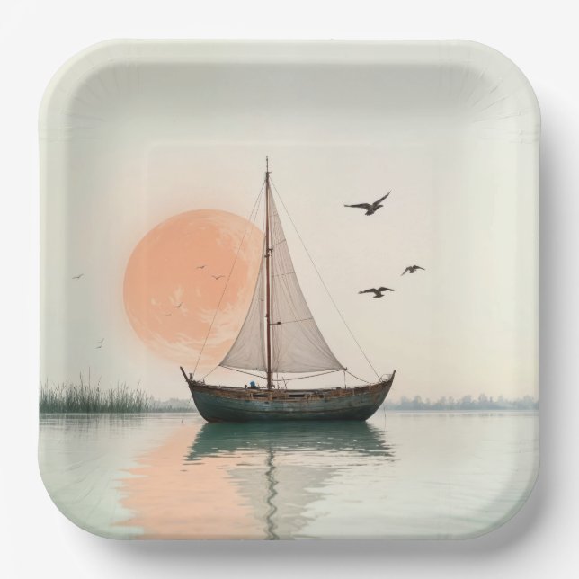 Saiboat Sonnenuntergang mit Möwen Pappteller (Vorderseite)