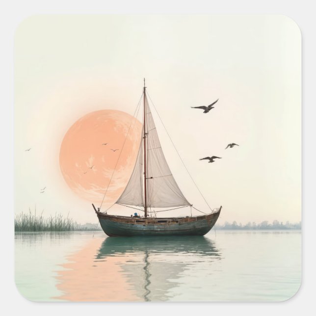 Saiboat Sonnenuntergang mit Möwen Quadratischer Aufkleber (Vorderseite)