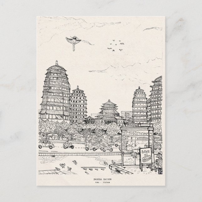 Saigon Pagoda Vietnam Stadtrandpfeifen Tinte zeich Postkarte (Vorderseite)