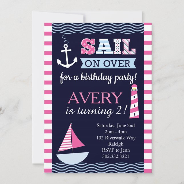 Sail Away Girl's Nautical Birthday Einladung (Vorderseite)