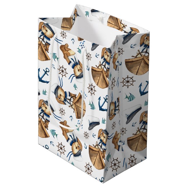 Sail Away Teddy Bear Medium Geschenktasche Mittlere Geschenktüte (Vorderseite Schrägansicht)