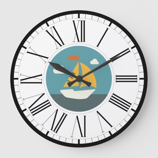 Sail Boat, Coastal Design Wall Clock Große Wanduhr (Vorderseite)