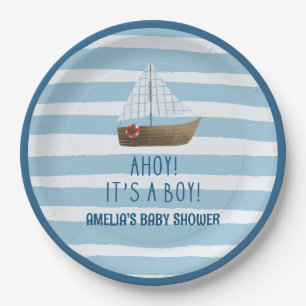 Sailboat Ahoy seine junge blaue Babydusche Pappteller