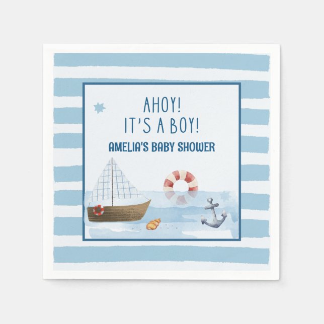 Sailboat Ahoy seine junge blaue Babydusche Serviette (Vorderseite)