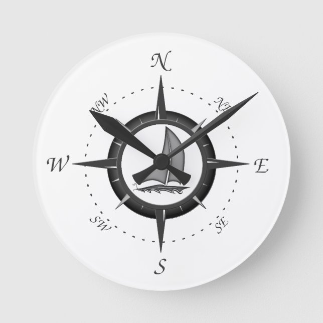 Sailboat And Compass Rose Runde Wanduhr (Vorderseite)