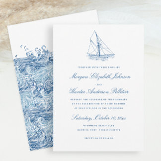Sailboat and Waves Elegant Navy Blue Wedding Einladung