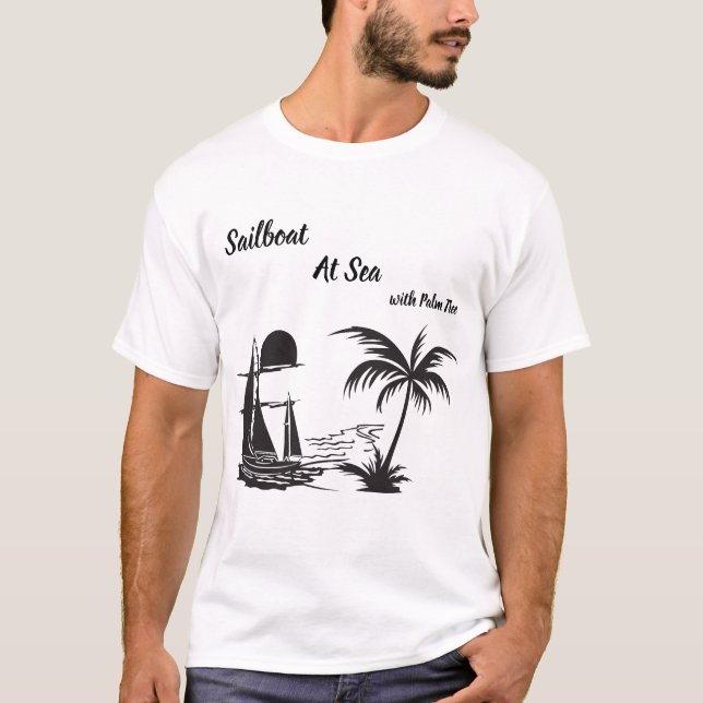 Sailboat at Sea with Palm Tree – Tropical Beach T-Shirt (Vorderseite)