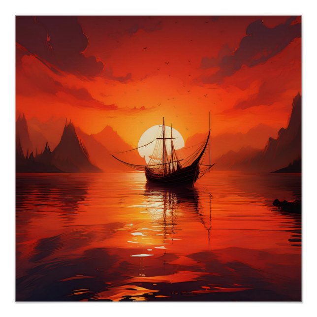 Sailboat at Sunset - Roter Ozean Serenity Art Poster (Vorderseite)