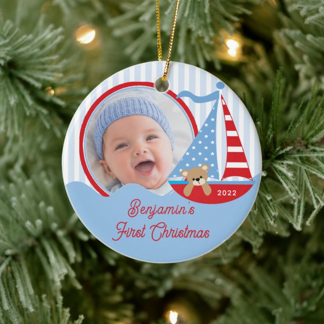 Sailboat Baby's First Christmas Foto Ornament (Baum)