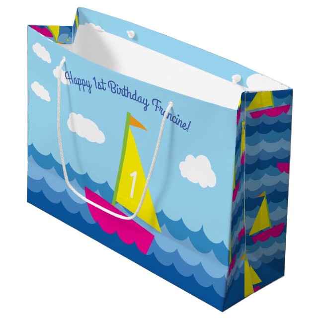 Sailboat Birthday Party Große Geschenktüte (Vorderseite Schrägansicht)