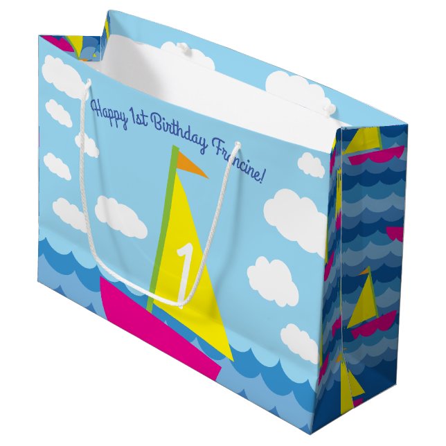 Sailboat Birthday Party Große Geschenktüte (Vorderseite Schrägansicht)