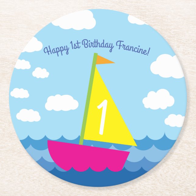 Sailboat Birthday Party Runder Pappuntersetzer (Vorderseite)
