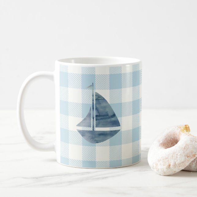 Sailboat Blue Gingham Karo Pattern Kaffeemaschine  Kaffeetasse (Mit Donut)