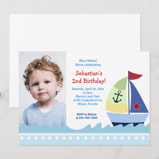 Sailboat Boys Foto Geburtstag Einladung Vorlage (Vorne/Hinten)