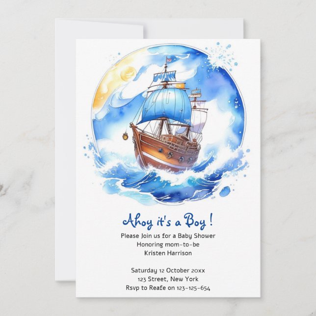 Sailboat Dreams: Nautical Baby Boy Dusche Einladung (Vorderseite)