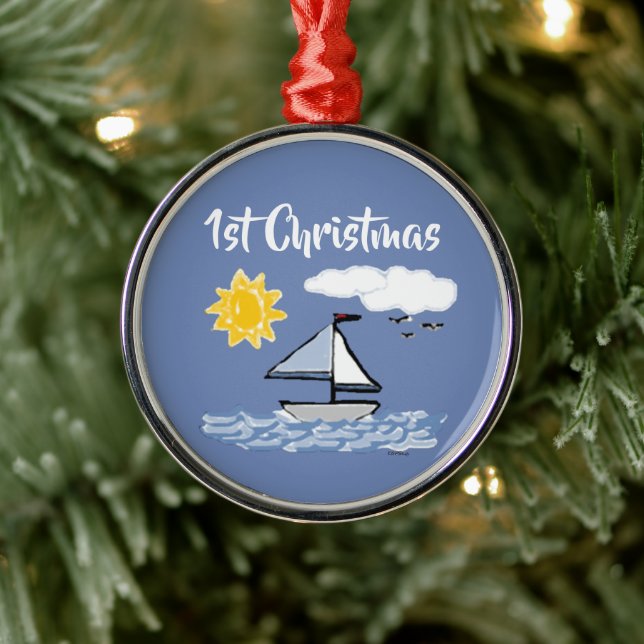 Sailboat First Christmas Animated Ornament Aus Metall (Baum)
