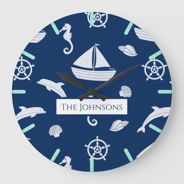 Sailboat & Marine Life Pattern Große Wanduhr (Vorderseite)
