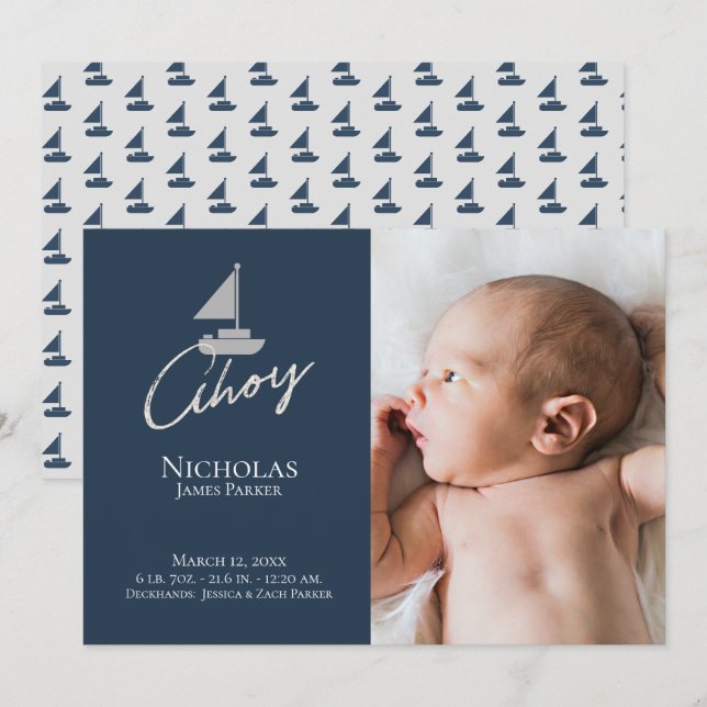 Sailboat Nautical Birth mit Foto Ankündigung (Vorne/Hinten)