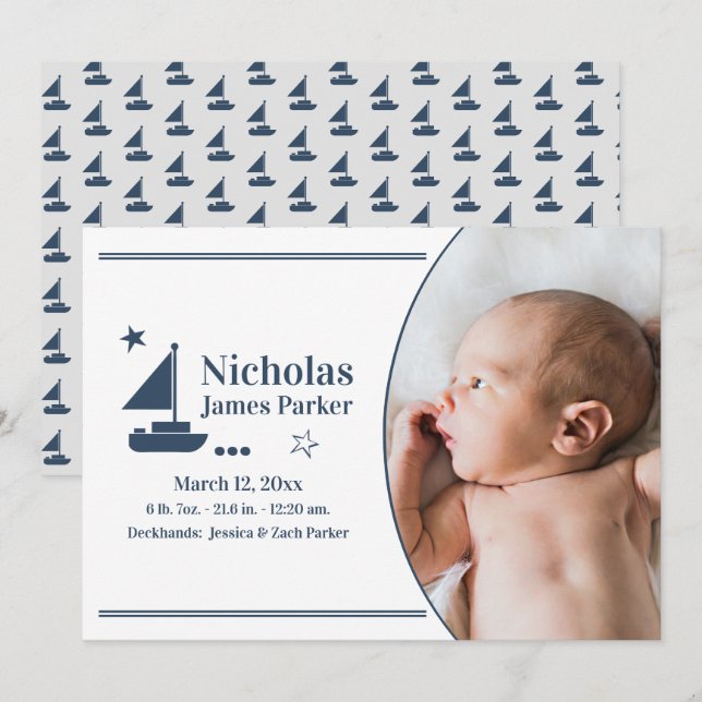 Sailboat Nautical Birth mit Foto Ankündigung (Vorne/Hinten)