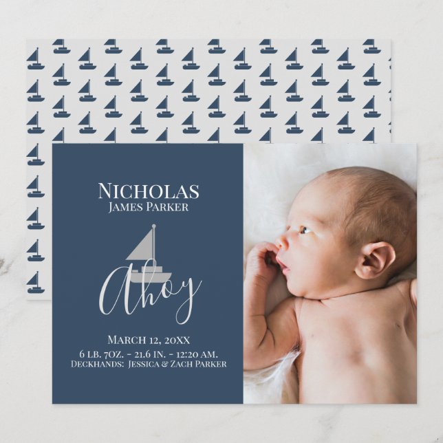 Sailboat Nautical Birth mit Foto Ankündigung (Vorne/Hinten)