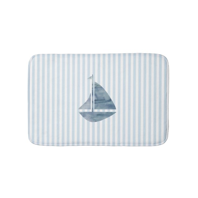 Sailboat Nautical Blue Strip Badematte (Vorderseite)