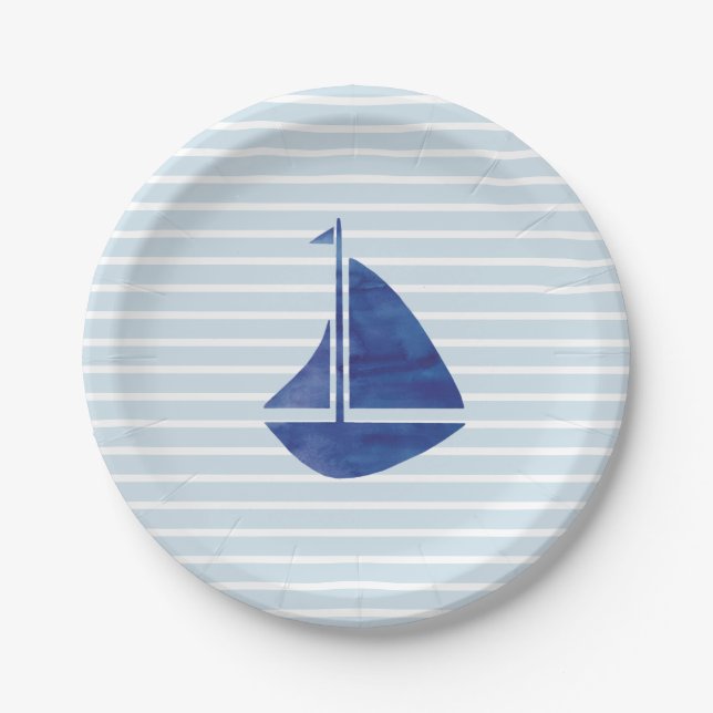 Sailboat Nautical Ocean Blue Stripe Papierplatte Pappteller (Vorderseite)
