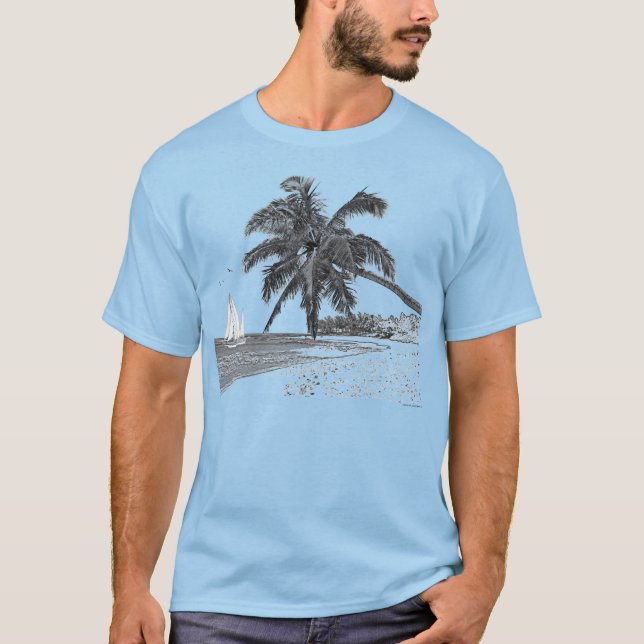 Sailboat Ocean Beach Palm Tree T-Shirt (Vorderseite)