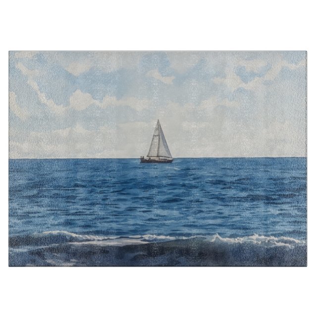Sailboat Sailing on the Ocean Blue Glass Schneidebrett (Vorderseite)