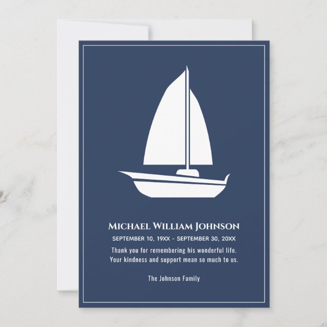 Sailboat Segelboot Nautical Blue White Beerdigung Dankeskarte (Vorderseite)