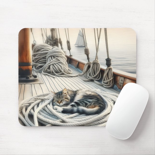 Sailboat Tabby Katze Schlafen auf Ropp Mousepad (Mit Mouse)