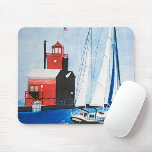 Sailboat und Red Lighthouse Wasserfarbe Mousepad