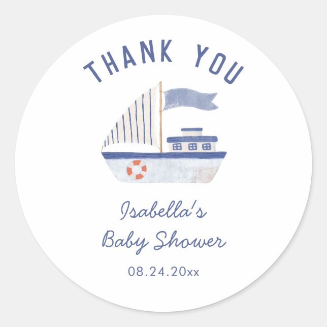 Sailboat Vielen Dank Boy Baby Dusche Runder Aufkleber (Vorderseite)