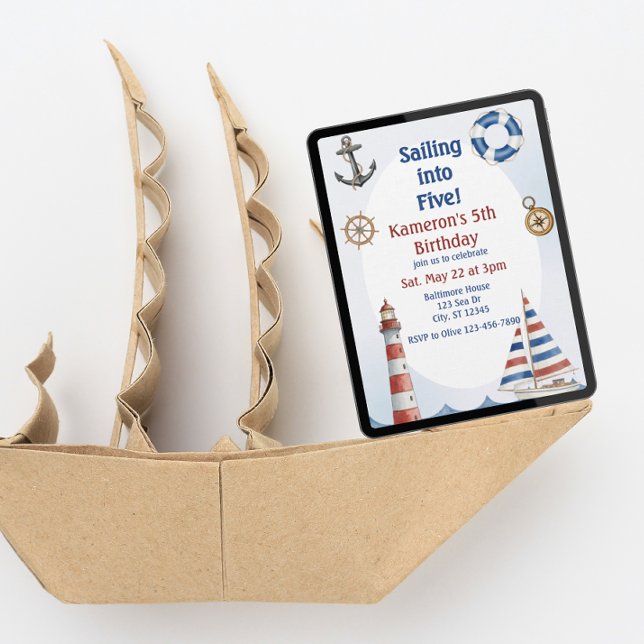 Sailing into Five, Watercolor 5th Birthday Einladung (Von Creator hochgeladen)