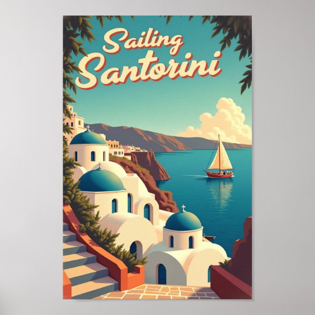Sailing Santorini – Retro Travel Poster (Vorne)