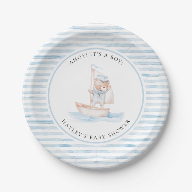 Sailor Bear Blue Stripe Baby Dusche Pappteller (Vorderseite)