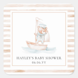 Sailor Bear Tan Stripe Babydusche Quadratischer Aufkleber